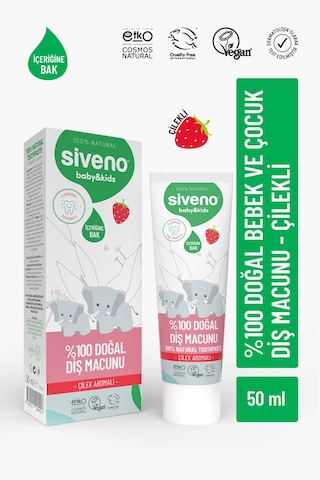 Siveno %100 Doğal Diş Macunu Bebek Ve Çocuk İçin Çilekli Aromalı Florürsüz 50 Ml