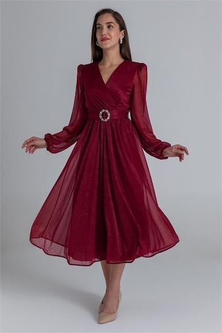 Dipmoda Kadın Kemerli Kruvaze Yaka Simli Gece Elbisesi Dpnbmy3590 Bordo