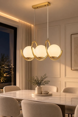 Modern Premium Gold 3'lü Sarkıt Avizesi Ampül Hediyeli Küreli Lüks Salon Mutfak Modelleri E14 Duy