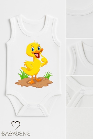 Babyden's %100 Pamuklu Hayvan Figürlü Kolsuz Çıtçıtlı Bebek Body Yazlık Unisex Zıbın Ördek Beyaz
