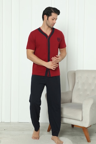 Wordex Falkom 8180 Pamuklu Penye Erkek Düğmeli Kısa Kollu Pijama Takımı Bordo