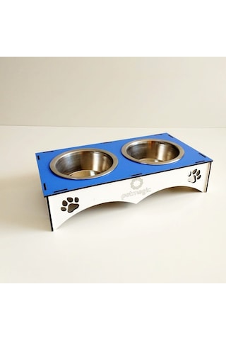 Petmagic Ahşap 2'li Mama Kabı İkili Ahşap Çelik Mama Kabı - Mavi