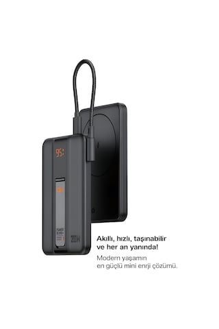5000mah 20w Hızlı Şarj Dijital Gösterge Kablosuz Magsafe Powerbank Type-c Kablolu/girişli Standlı siyah