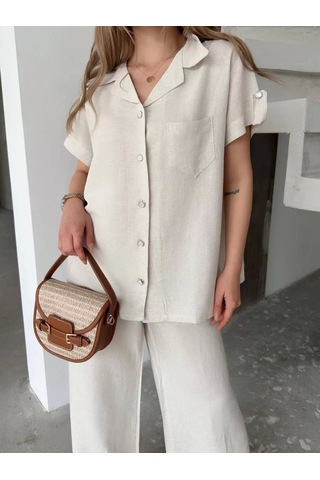 Keten Kısa Kollu Cepli Gömlek Pantolon İkili Takım - Beyaz Beyaz