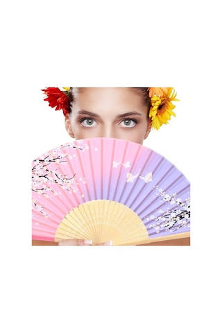 Beluga Yelpaze Bambu Kumaş Serinletici Vintage Pembe/lila Bahar Dalı Şık Dekorasyon Püsküllü Japon Yelpaze 0235