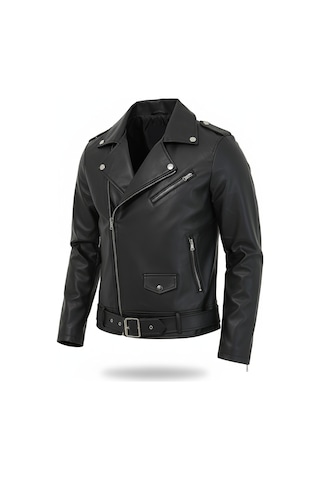 Erkek Siyah Yeni Sezon Çapraz Fermuarlı Kemerli Deri Ceket Mont-Siyah