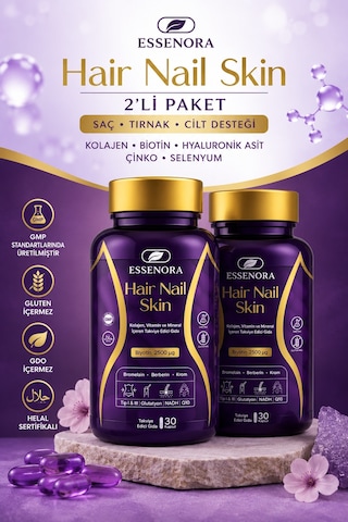 Hair Nail Skin 2'li Paket Saç Tırnak Cilt Kolajen Biotin Hyaluronik Asit 2x30 Kapsül