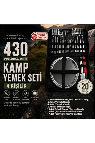 Paslanmaz Çelik Kamp Yemek Seti 4 Kişilik Özel Çantalı Premium Set Gümüş