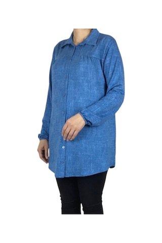 Mevsimlik Kolları Lastikli Boydan Düğmeli Gömlek Mavi