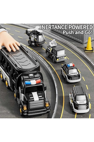 Policetruck 5'i 1 Arada Taşıyıcı Araç Oyuncak Seti - Sürtünmeyle Çalışan Polis Kamyonu, Çocuklar İçin Küçük Araba Helikopteri - Doğum Günü Noel Hediyesi Lacivert - Turuncu