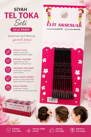 Siyah Tel Toka Seti 10'lu Paket Güçlü Tutuş Sağlayan Kaymaz Saç Tokası Günlük Kullanıma Uygun