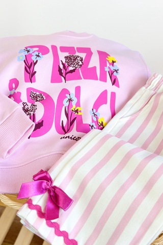 Monila Kız Çocuk Pembe Pizza Yazılı Pamuklu Sweatshirt Ve Pembe Çizgili Kanvas Pantolonlu Alt Üst Takım