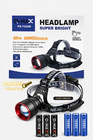 40w 4000 Lümen Sensörlü Kafa Lambası + 3 Adet Yedek Pilli Mega Paket Toplam 6 Pil Siyah