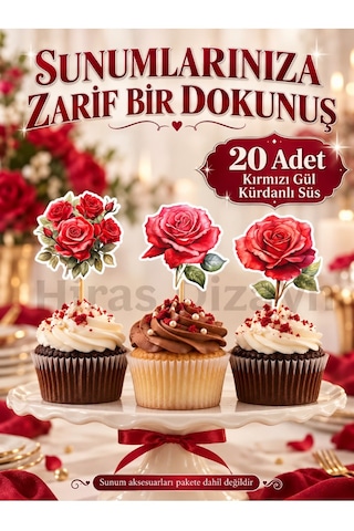 Hiras Dizayn Kırmızı Gül Kürdanlı Süs Seti 20 Adet Cupcake Pasta Sunum