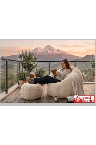 Herev Puf/ Tekli Puf Berjer / Baba Koltuğu / Papatya Modelli Kadife Kumaşlı Puf Takımı Krem