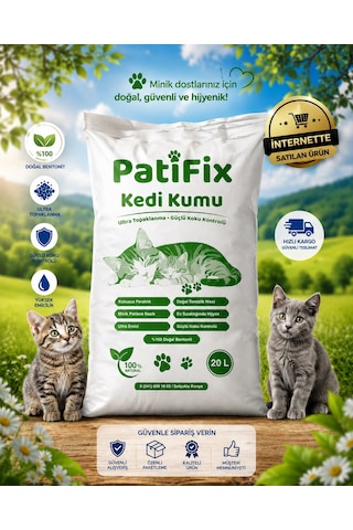 Patifix 20 Lt %99 Tozsuz Ince Taneli Süper Topaklanan Beyaz Bentonit Kedi Kumu Kokusuz Organik Kedi Kumu