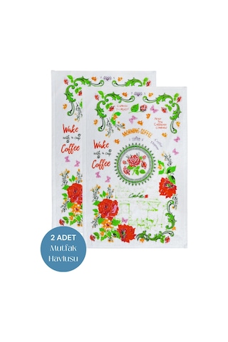 2li Paket Baskılı Beyaz Mutfak Havlusu Modeli Morning Coffee