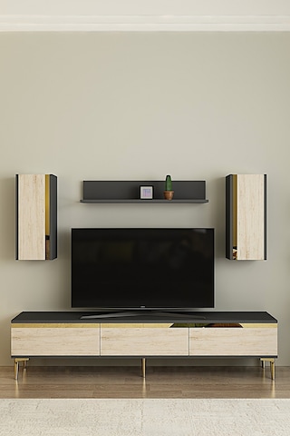 Tvr1898atg - Anka Tvr180 Tv Ünitesi Takım , Tv Sehpası Antrasit-traverten Kapak-gold 180cm Antrasit-traverten-gold