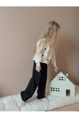 Miniko Kids Kız Çocuk Kalp Modelli Geniş Paça Pamuk Takım Siyah