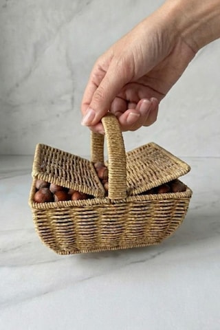 Doğal Hasır Kapaklı Dikdörtgen Sepet El Örgüsü Rattan Mutfak & Saklama Sepeti Kahverengi