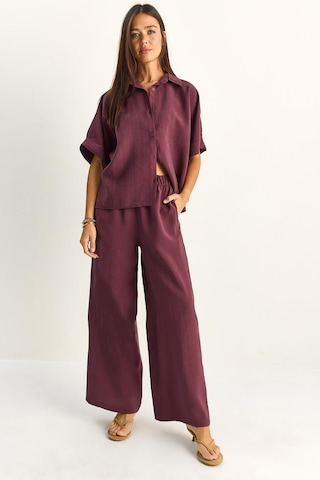 Shade Kadın Oversize Kısa Kol Gömlek Beli Lastikli Geniş Paça Pantolon Takım 7651 60286138 - Mürdüm