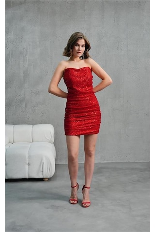 Dip Moda Kadın Straplez Payet Mini Elbise Dpnbwll06 Kırmızı