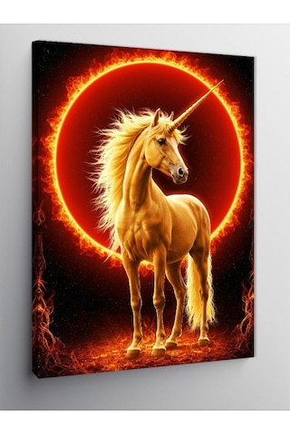 Kanvas Tablo Ateş Çemberinde Altın Unicorn 70cmx100cm