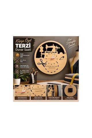 Kişiye Özel Terzi Duvar Saati 35x35 Cm Ahşap Görünümlü Dikiş Makinesi Makas Manken Figürlü Mesleki Dekoratif Saat