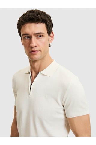 Beyaz Slim Fit Fermuarlı Polo Yaka Triko T-shirt