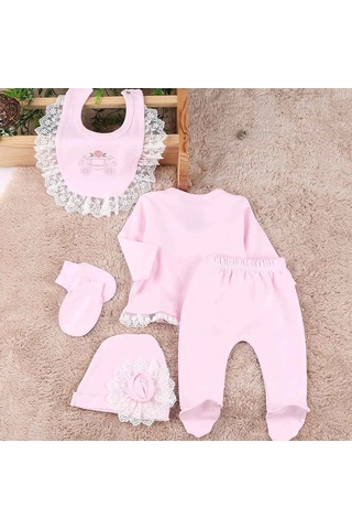 Çiçekli Araba Nakışlı Dantelli 5'li Kız Bebek Hastane Çıkışı 0-3 Ay Pembe Pembe