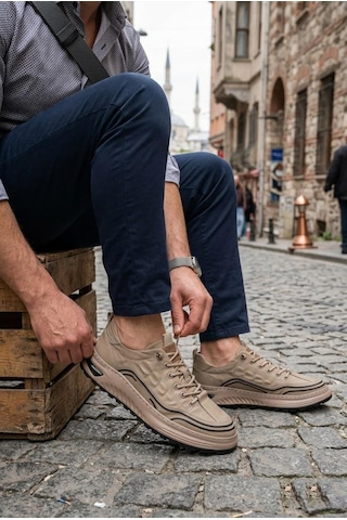 Pepita E146 Rahat Hafif Keten Özel Tasarım Spor Sneaker Erkek Ayakkabı Camel