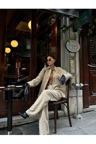 Süet Gömlek Palazzo Pantolon İkili Takım - Bej Bej