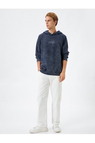 Koton Kapşonlu Sweatshirt Yıkamalı Slogan İşlemeli Ribanalı Şardonlu Mavi 4wam70275mk Mavi