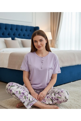 Mihra Kadın Ring Viskon Düğmeli Yaka Kısa Kol Likralı Pijama Takımı 40112m - 1 Adet Mor