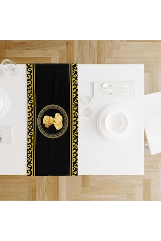 Siyah Büst Detaylı Runner 140x45cm İnce Keten, Uluslararası Yıkama Ve Solmama Sertifikası Çok Renkli