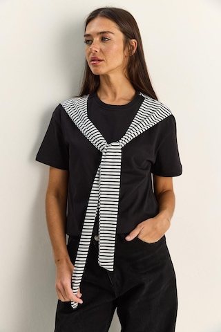 Shade Kadın Çizgili Şal Detaylı Relaxed Basic T-shirt 7679 60286112 - Siyah