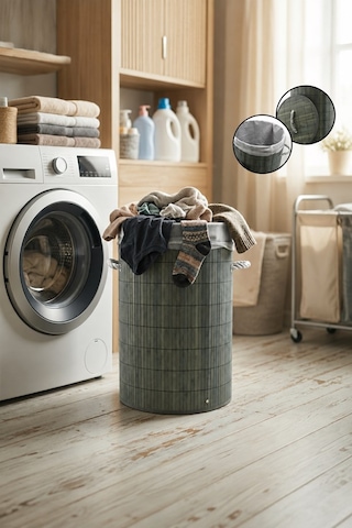 50 Litre Bambu Kirli Çamaşır Sepeti Modern Tasarım Çamaşır Sepeti Oyuncak Kutusu Gri