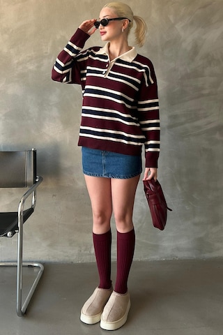 Madmext Bordo Çizgili Düğmeli Polo Yaka Kadın Triko Kazak Mg2280 Bordo