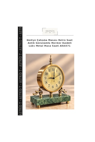 Hediye Çalışma Masası Retro Saat Antik Görünümlü Mermer Kaideli Lüks Metal Masa Saati Alk6571 Çok Renkli