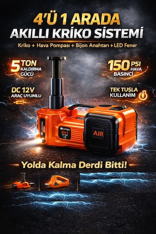 4 Ü 1 Arada Elektrikli Kriko Seti 5 Ton 150 Psı Hava Pompası Bijon Anahtarı Led 12v