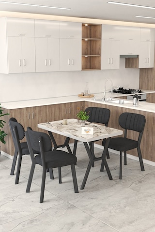 Gnr 70x110cm Sabit Efes Mutfak Masası Takımı, Yemek Masası, 4 Modern Siyah Sandalye Siyah