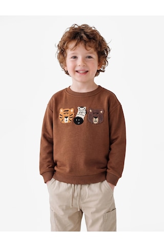 Koton Nakışlı Şardonlu Bisiklet Yaka Uzun Kollu Oversize Sweatshirt Kahverengi 7wmb10139tk Kahve