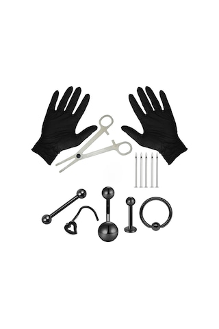 Mufunye Piercing Seti, Aletler Dahil Kombinasyon Paketi, Siyah