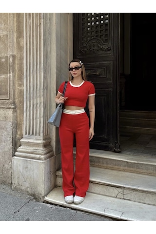 Crop Pantolon Biyeli Takım Kırmızı Kırmızı