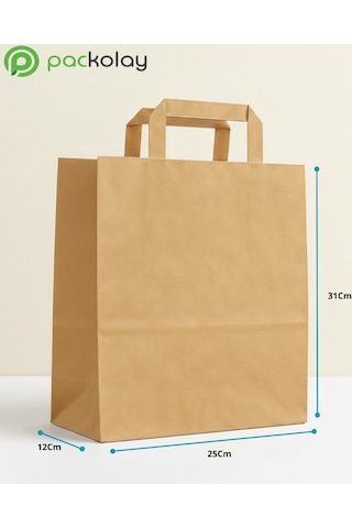 Flat Düz Saplı Kraft Kağıt Çanta 25x12x31 Cm - Doğal Kahverengi Paket Servis Çantası-100 Adet