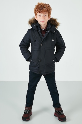 Lela Yakası Suni Kürklü Peluş Astarlı Kapüşonlu Dar Kesim Erkek Çocuk Mont 6031050 Lacivert