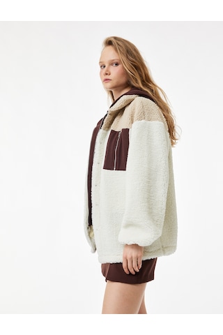 Koton Kapüşonlu Renk Bloklu Cep Detaylı Çıtçıt Düğmeli Oversize Peluş Ceket Ekru 6wal10124ık