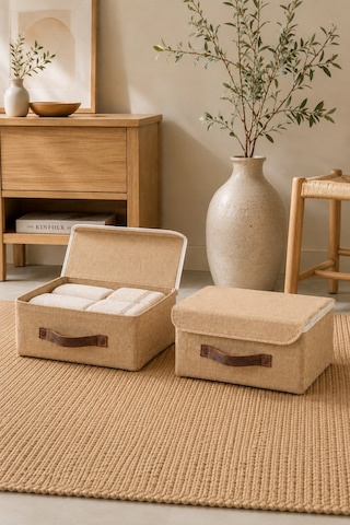 2'li Kapaklı Jüt Düzenleyici M Boy 30x23x13 Cm Dolap İçi Raf Tekstil Banyo Organizer Saklama Kutusu Kahverengi