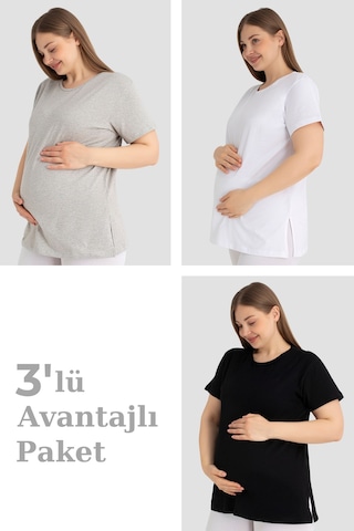 Pamuklu Kısa Kollu Hamile Tişört Renkli 3'lü Paket Yumuşak Ve Rahat Hamile Giyim