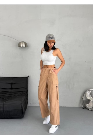Paraşüt Kumaş Kargo Cepli Pantolon Kahverengi+camel